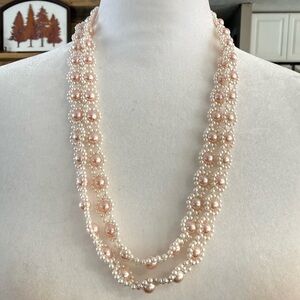 Faux Pearl Pink and White Long Necklace Laced Design